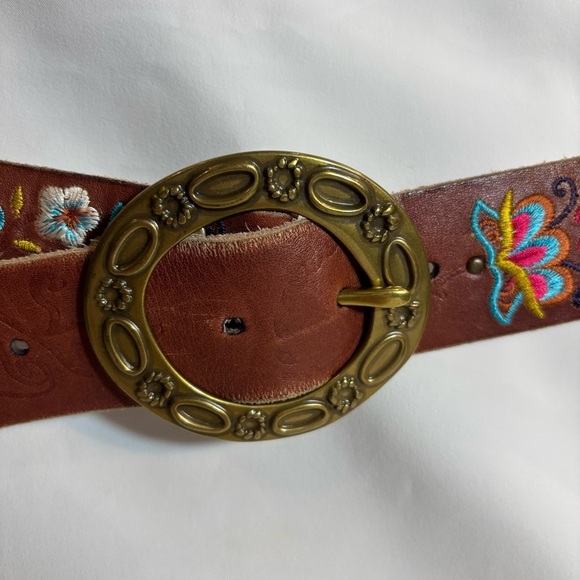 LUCKY BRAND Sz L Embroidered Floral Butterfly Brown Leather Belt - Picture 3 of 7